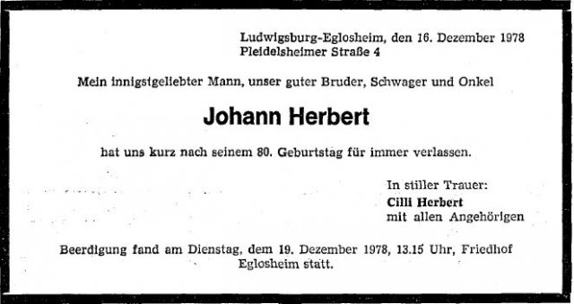 Herbert Johann 1898-1978 Todesanzeige